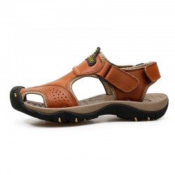 Top Layer Genuine Leather Summer Large Size Magic Sticker Sandals for Men Rubber Sole Casual Outdoor Comfortable Beach Sandals