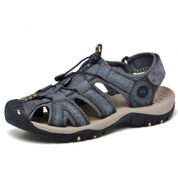 Hot Genuine Leather Canvas Summer Large Size Magic Sticker Non-slip Sandals for Men Cool Comfortable Rubber Sole Beach Sandals
