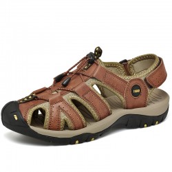 Hot Genuine Leather Canvas Summer Large Size Magic Sticker Non-slip Sandals for Men Cool Comfortable Rubber Sole Beach Sandals