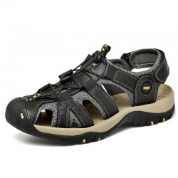 Hot Genuine Leather Canvas Summer Large Size Magic Sticker Non-slip Sandals for Men Cool Comfortable Rubber Sole Beach Sandals