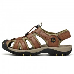 Hot Genuine Leather Canvas Summer Large Size Magic Sticker Non-slip Sandals for Men Cool Comfortable Rubber Sole Beach Sandals