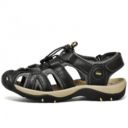 Hot Genuine Leather Canvas Summer Large Size Magic Sticker Non-slip Sandals for Men Cool Comfortable Rubber Sole Beach Sandals