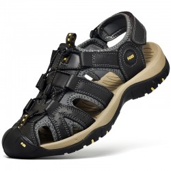 Hot Genuine Leather Canvas Summer Large Size Magic Sticker Non-slip Sandals for Men Cool Comfortable Rubber Sole Beach Sandals