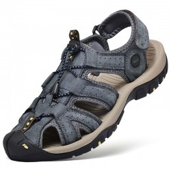 Hot Genuine Leather Canvas Summer Large Size Magic Sticker Non-slip Sandals for Men Cool Comfortable Rubber Sole Beach Sandals