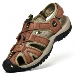 Hot Genuine Leather Canvas Summer Large Size Magic Sticker Non-slip Sandals for Men Cool Comfortable Rubber Sole Beach Sandals