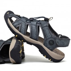 Hot Genuine Leather Canvas Summer Large Size Magic Sticker Non-slip Sandals for Men Cool Comfortable Rubber Sole Beach Sandals