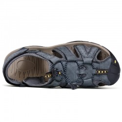 Hot Genuine Leather Canvas Summer Large Size Magic Sticker Non-slip Sandals for Men Cool Comfortable Rubber Sole Beach Sandals