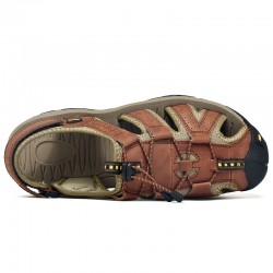 Hot Genuine Leather Canvas Summer Large Size Magic Sticker Non-slip Sandals for Men Cool Comfortable Rubber Sole Beach Sandals