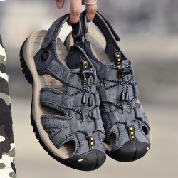 Hot Genuine Leather Canvas Summer Large Size Magic Sticker Non-slip Sandals for Men Cool Comfortable Rubber Sole Beach Sandals