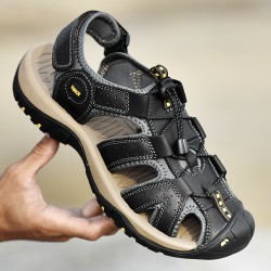 Hot Genuine Leather Canvas Summer Large Size Magic Sticker Non-slip Sandals for Men Cool Comfortable Rubber Sole Beach Sandals