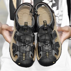 Hot Genuine Leather Canvas Summer Large Size Magic Sticker Non-slip Sandals for Men Cool Comfortable Rubber Sole Beach Sandals