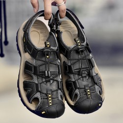 Hot Genuine Leather Canvas Summer Large Size Magic Sticker Non-slip Sandals for Men Cool Comfortable Rubber Sole Beach Sandals