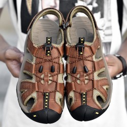 Hot Genuine Leather Canvas Summer Large Size Magic Sticker Non-slip Sandals for Men Cool Comfortable Rubber Sole Beach Sandals