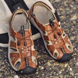 Hot Genuine Leather Canvas Summer Large Size Magic Sticker Non-slip Sandals for Men Cool Comfortable Rubber Sole Beach Sandals
