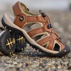 Hot Genuine Leather Canvas Summer Large Size Magic Sticker Non-slip Sandals for Men Cool Comfortable Rubber Sole Beach Sandals