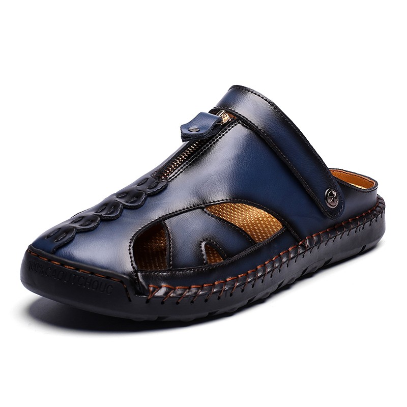 Hot Sale Popular Summer Genuine Leather Zipper Sewing Sandals for Mens Handmade Casual Rubber Large Size Soft Non-slip Slippers