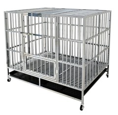 Heavy Duty Stainless Steel Indestructible Dog Kennel Indoor 2-Doors Pet Crate Cage with Lockable Wheels for Medium to Large Dogs
