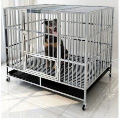 Heavy Duty Stainless Steel Indestructible Dog Kennel Indoor 2-Doors Pet Crate Cage with Lockable Wheels for Medium to Large Dogs