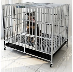 Extra Large Heavy Duty Stainless Steel Indestructible Dog Kennel Indoor 2-Doors Pet Crate Cage with Lockable Wheels