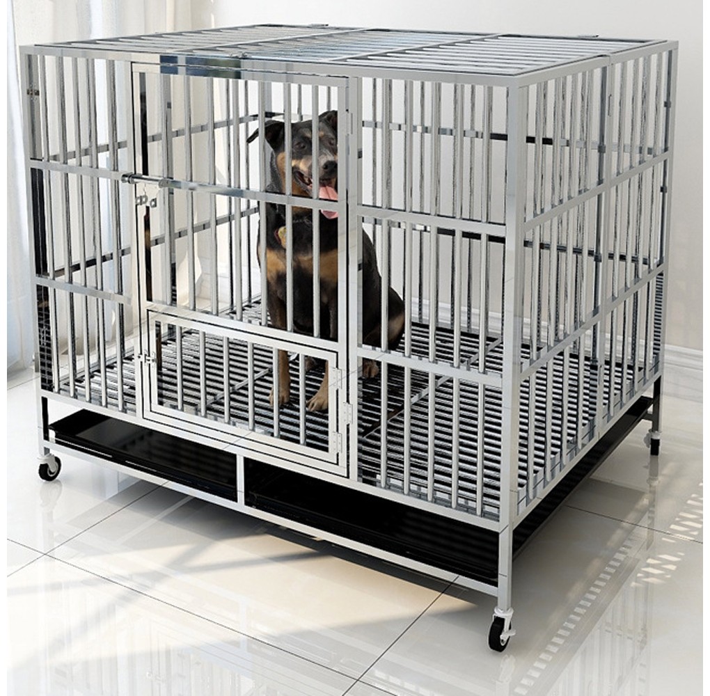 Heavy Duty Stainless Steel Indestructible Dog Kennel Indoor 2-Doors Pet Crate Cage with Lockable Wheels for Medium to Large Dogs