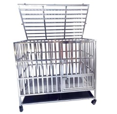 Heavy Duty Stainless Steel Square Bars Indestructible Dog Crate Kennel 2-Doors Cage with Lockable Wheels for Medium to Large Dog
