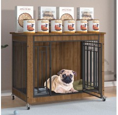 Heavy Duty Indestructible Wood Dog Crate Furniture Kennel Escape Proof Cage with Wheels/Removable Tray for Medium to Large Dogs