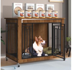 Heavy Duty Indestructible Wood Dog Crate Furniture Kennel Escape Proof Cage with Wheels/Removable Tray for Medium to Large Dogs