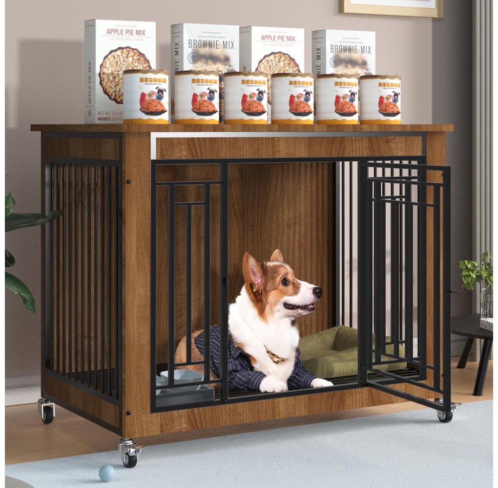 Heavy Duty Indestructible Wood Dog Crate Furniture Kennel Escape Proof Cage with Wheels/Removable Tray for Medium to Large Dogs