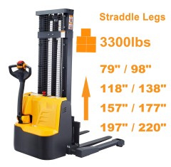 3300lbs 79" to 220" Fully Electric Straddle Legs Walkie Pallet Stacker with Adjustable Forks