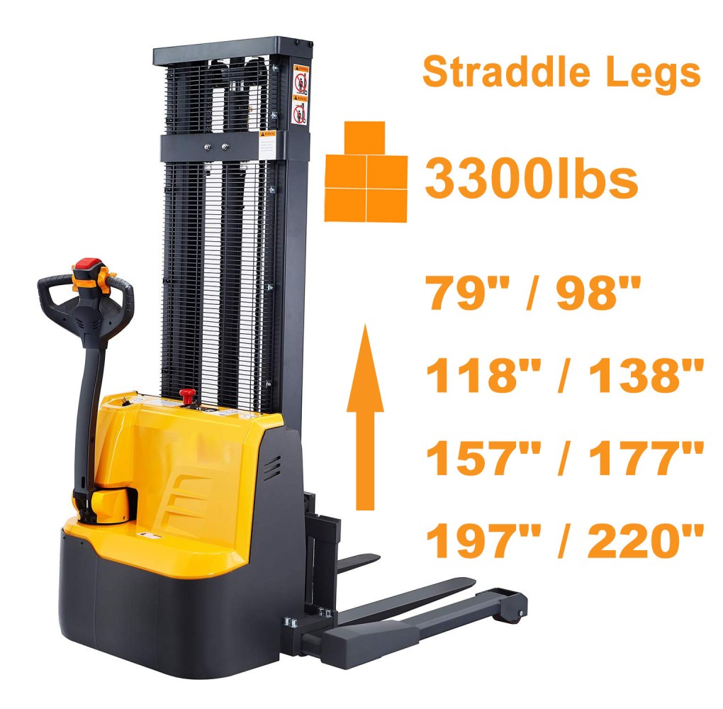 3300lbs 79" to 220" Fully Electric Straddle Legs Walkie Pallet Stacker with Adjustable Forks