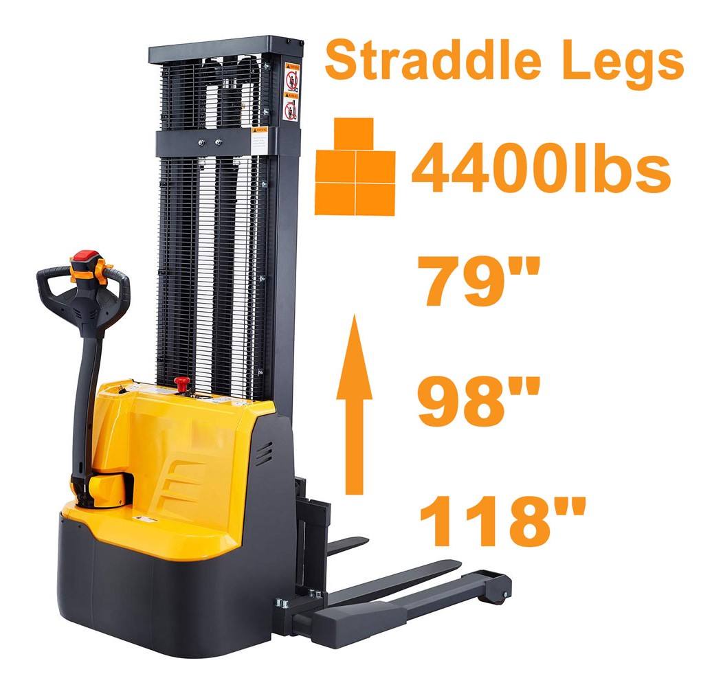 4400lbs 79" to 118" Fully Electric Straddle Legs Walkie Pallet Stacker with Adjustable Forks