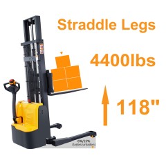 4400lbs 118" Fully Electric Straddle Legs Walkie Pallet Stacker with Adjustable Forks