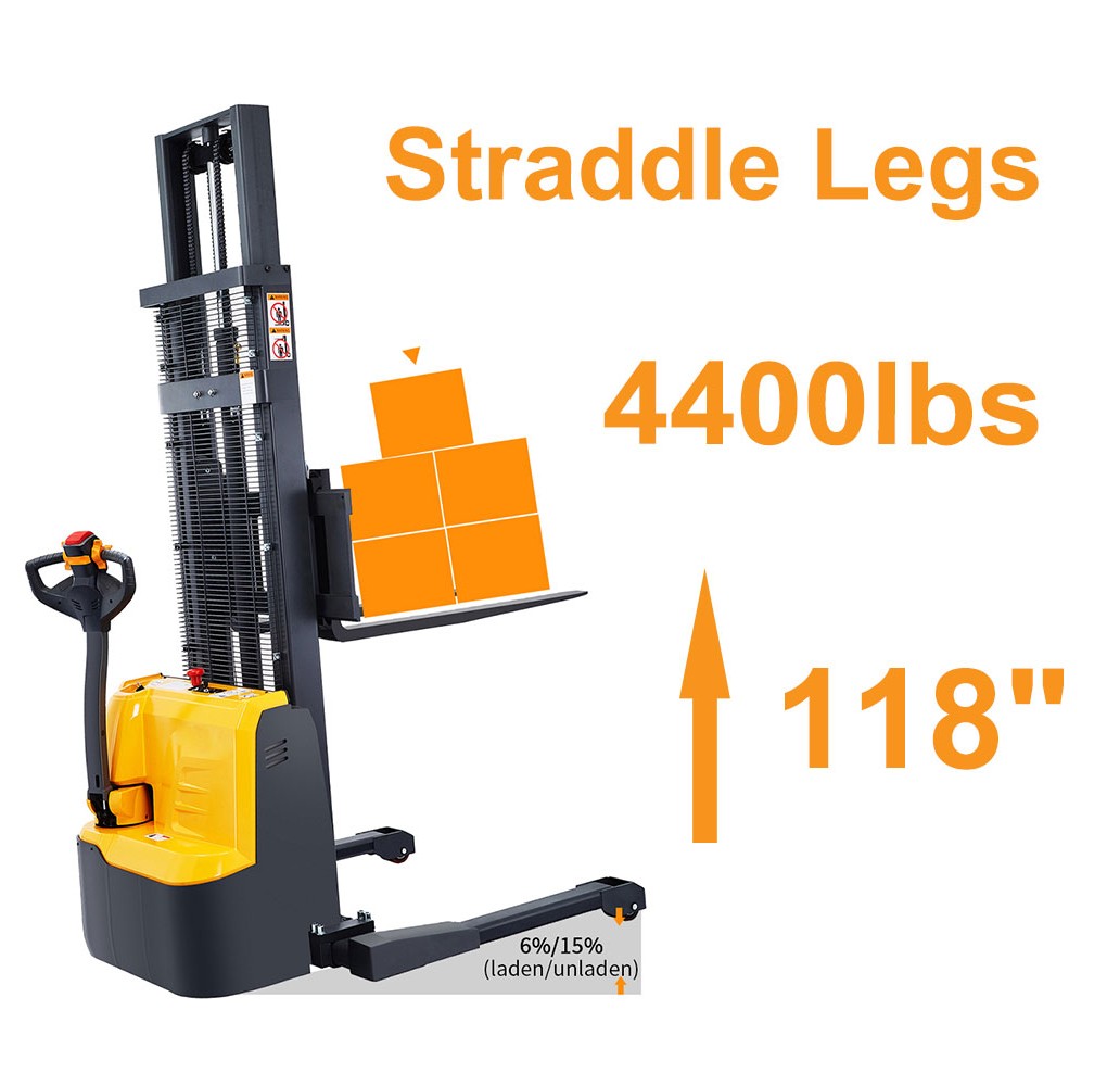 4400lbs 118" Fully Electric Straddle Legs Walkie Pallet Stacker with Adjustable Forks