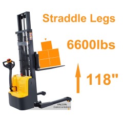 6600lbs 118" Fully Electric Straddle Legs Walkie Pallet Stacker with Adjustable Forks