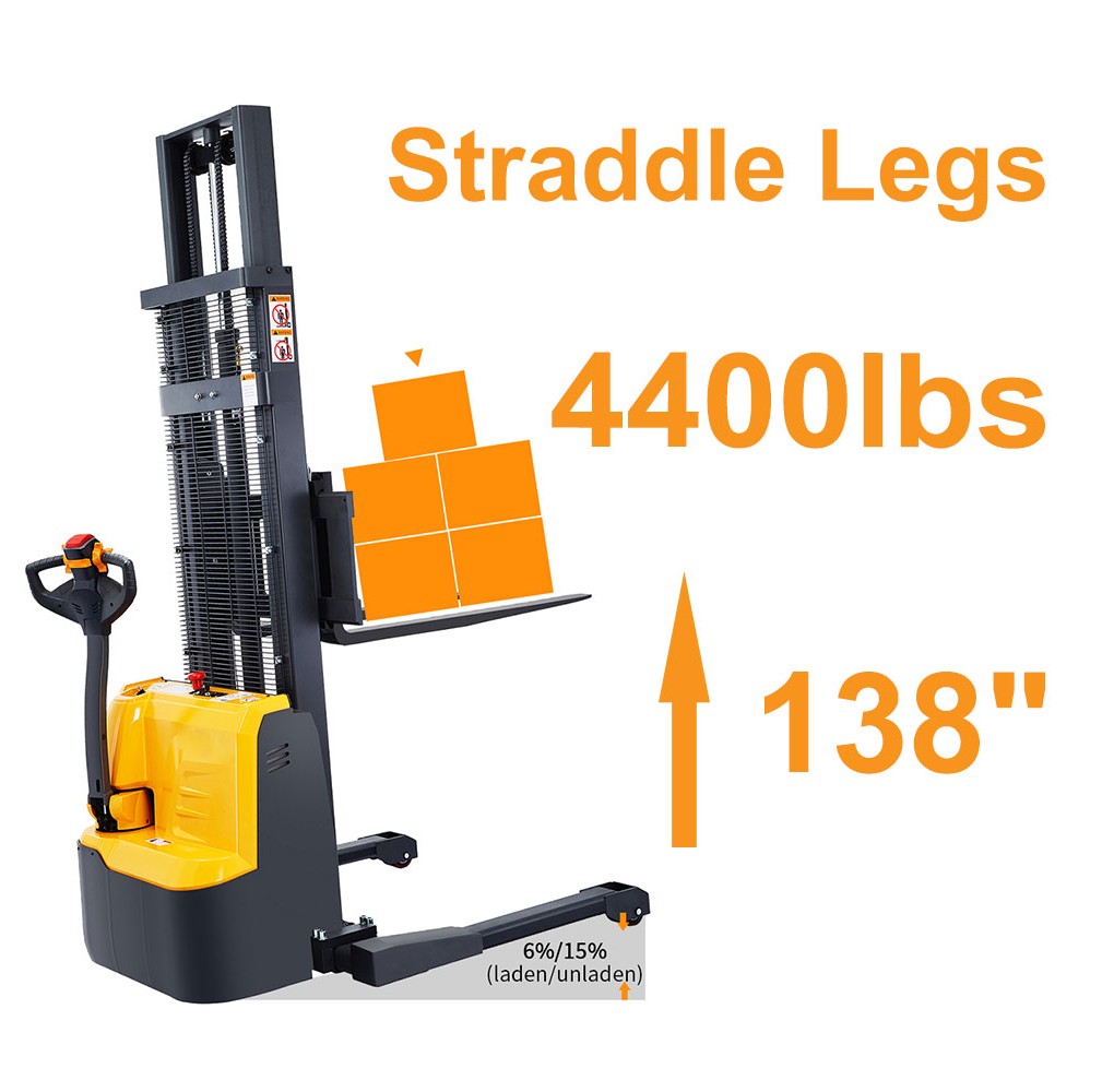 4400lbs 138" Fully Electric Straddle Legs Walkie Pallet Stacker with Adjustable Forks