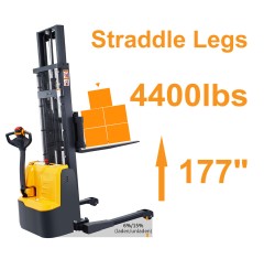 4400lbs 177" Fully Electric Straddle Legs Walkie Pallet Stacker with Adjustable Forks