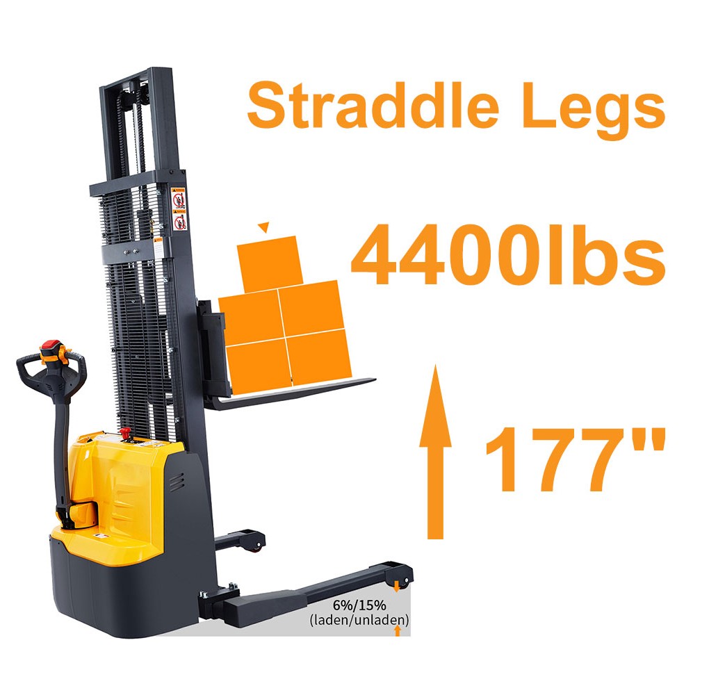 4400lbs 177" Fully Electric Straddle Legs Walkie Pallet Stacker with Adjustable Forks