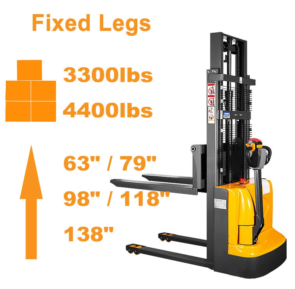 3300lbs to 4400lbs 63" to 138" Fully Electric Fixed Legs Walkie Pallet Stacker with Adjustable Forks