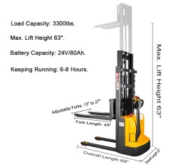 3300lbs to 4400lbs 63" to 138" Fully Electric Fixed Legs Walkie Pallet Stacker with Adjustable Forks