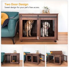 Large Dog Crate Furniture with Sliding Barn Door Wooden Dog Kennel End Table with Wheels Plate Detachable Divider for 1 to 2 Dog