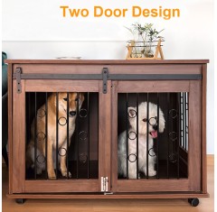 Large Dog Crate Furniture with Sliding Barn Door Wooden Dog Kennel End Table with Wheels Plate Detachable Divider for 1 to 2 Dog