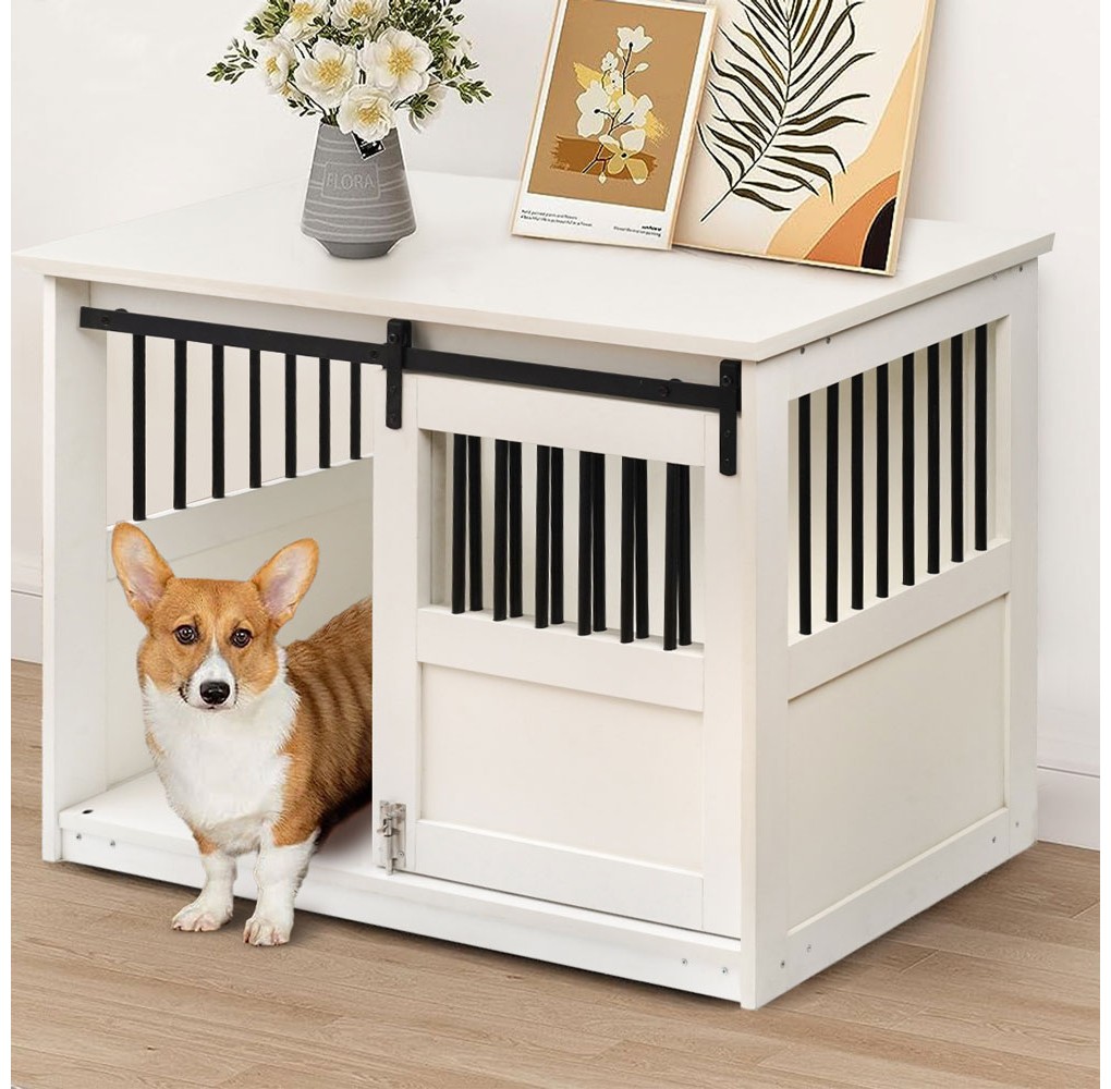 Large Dog Crate Furniture Barn Door Steel Wood End Table Cage Heavy Duty Solid Bold Kennel with Divider for Medium to Large Dogs