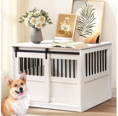 Large Dog Crate Furniture Barn Door Steel Wood End Table Cage Heavy Duty Solid Bold Kennel with Divider for Medium to Large Dogs